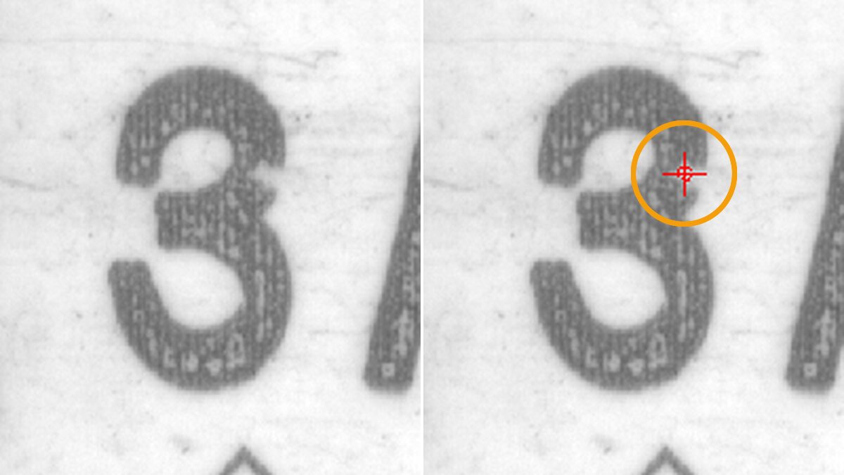 保險絲管上同一個移印字元「3」的良品與不良品對照,不良品的筆畫邊緣出現局部變形